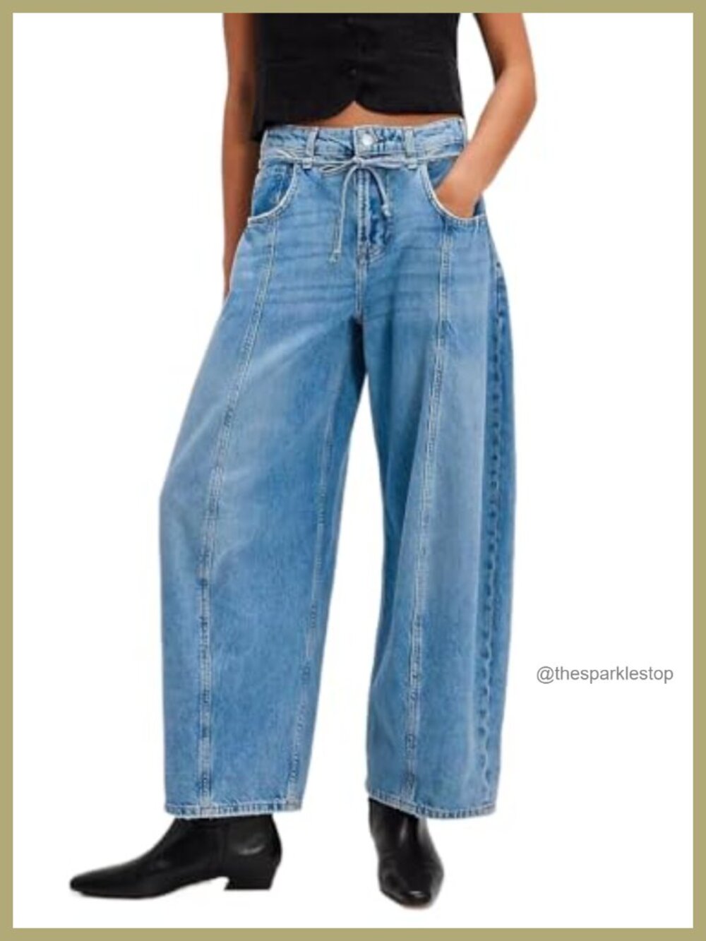 Women's Mid Rise Barrel Leg Cropped Jeans Non-Stretch Denim Tie Belt